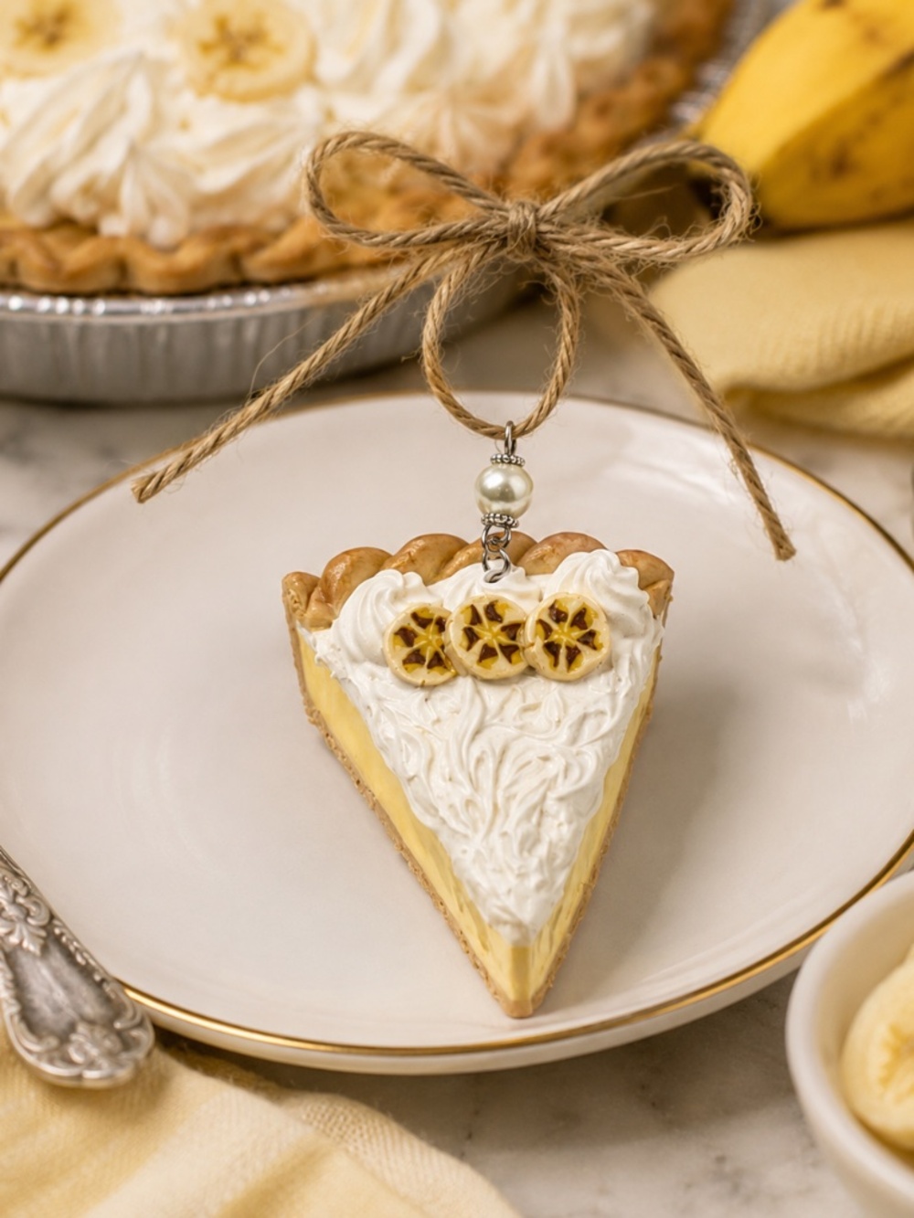 Banana Cream Pie Ornament | Handmade Pie Slice Miniature Dessert Kitchen Decor